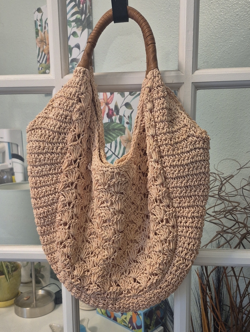 Kelly & Katie Soft Pink Crochet Hobo Bag with Brown Wrapped Handle